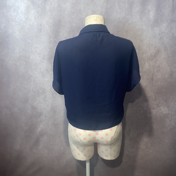 ShineStar Dark Blue Collared Button Up Front-Tie ShortSleeve Top! - Picture 3 of 3